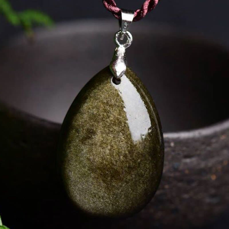Water Drop Obsidian Necklace Pendant | Gold Sheen & Rainbow Black
