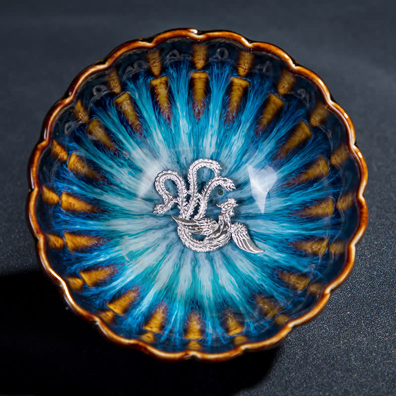 130ml Lotus Dragon Ceramic Tea Cup with Auspicious Inlaid Art