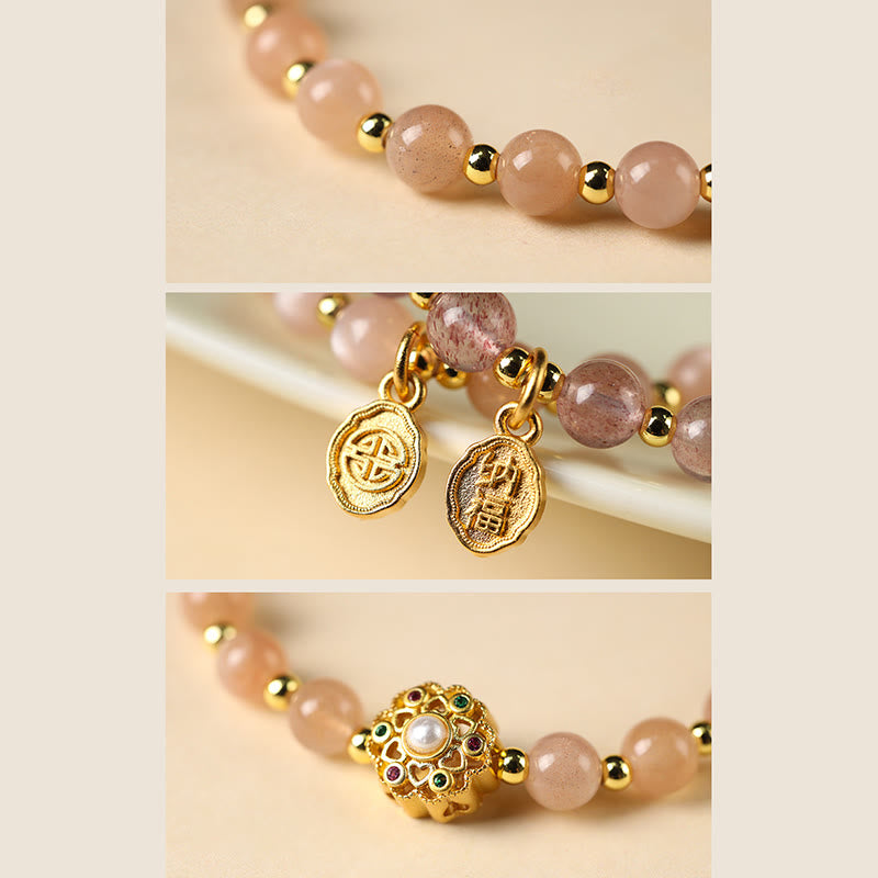 14K Gold Strawberry Quartz Spiritual Bracelet with Fu Charm