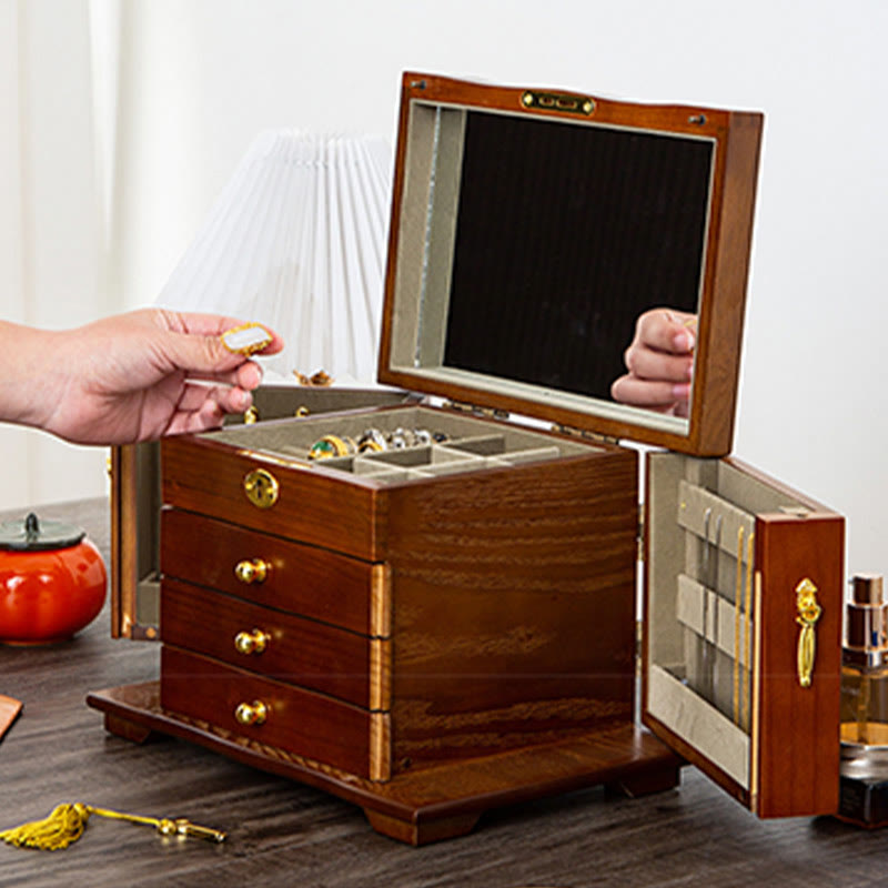 Large Vintage Wooden Jewelry Box with Mirror | Healing Sounds
