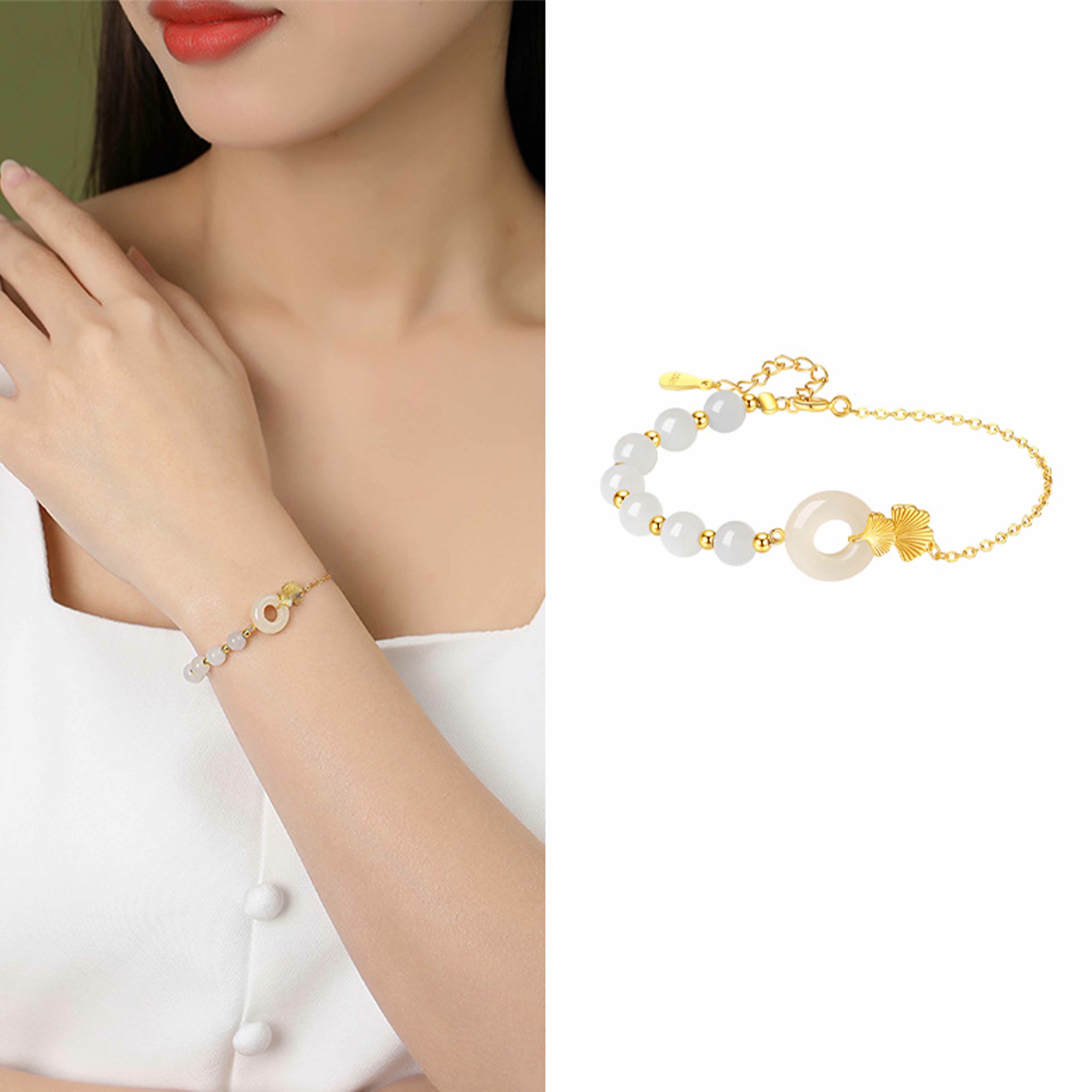 Sterling Silver Hetian White Jade Peace Buckle Luck Bracelet