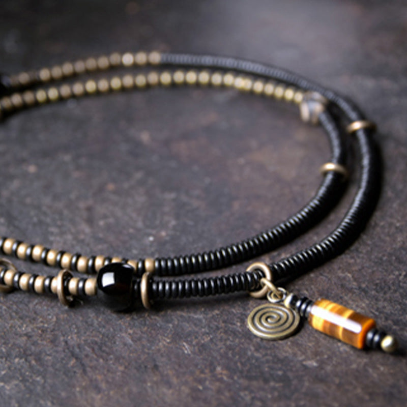 Ebony Wood Dzi Bead Copper Peace Bracelet for Meditation