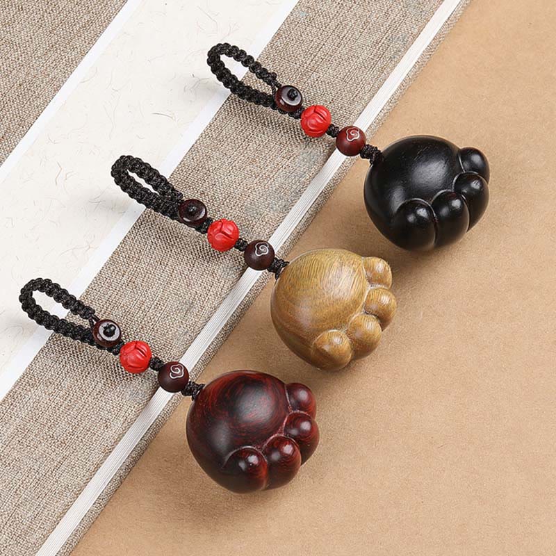 Lucky Cat Paw Wood Protection Key Chain with Red, Green & Ebony Sandalwood