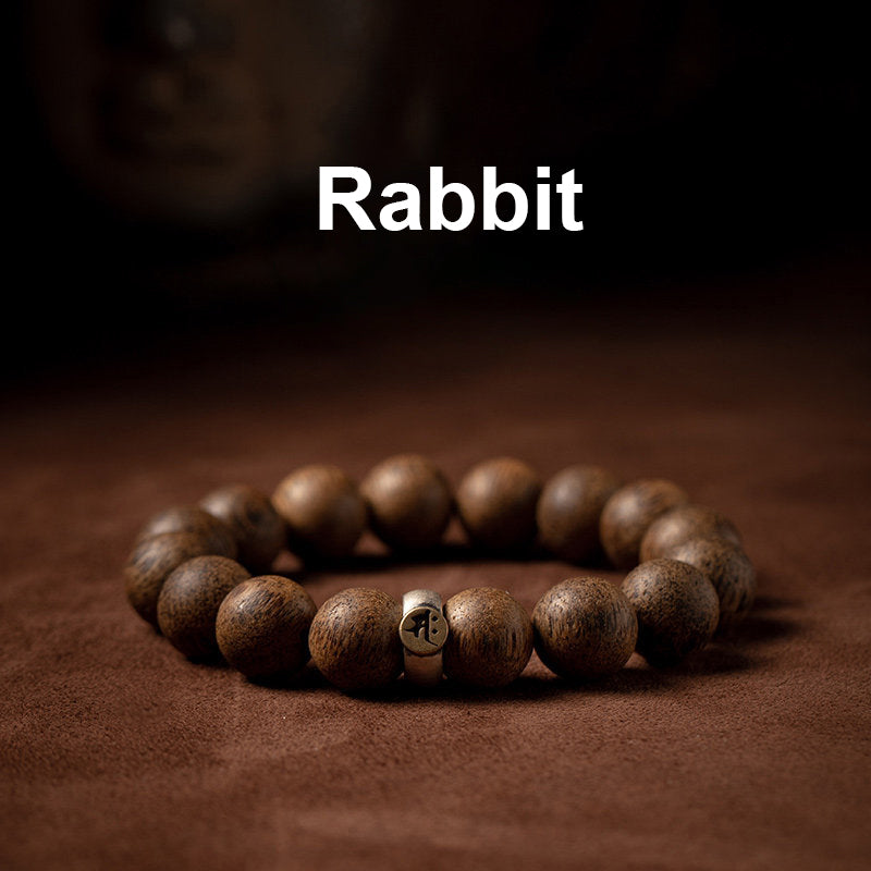 Natural Agarwood Chinese Zodiac Peace Bracelet 12mm Beads