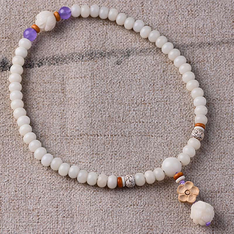 Unisex Lotus Bracelet with White Jade, Bodhi Seed & Blessings