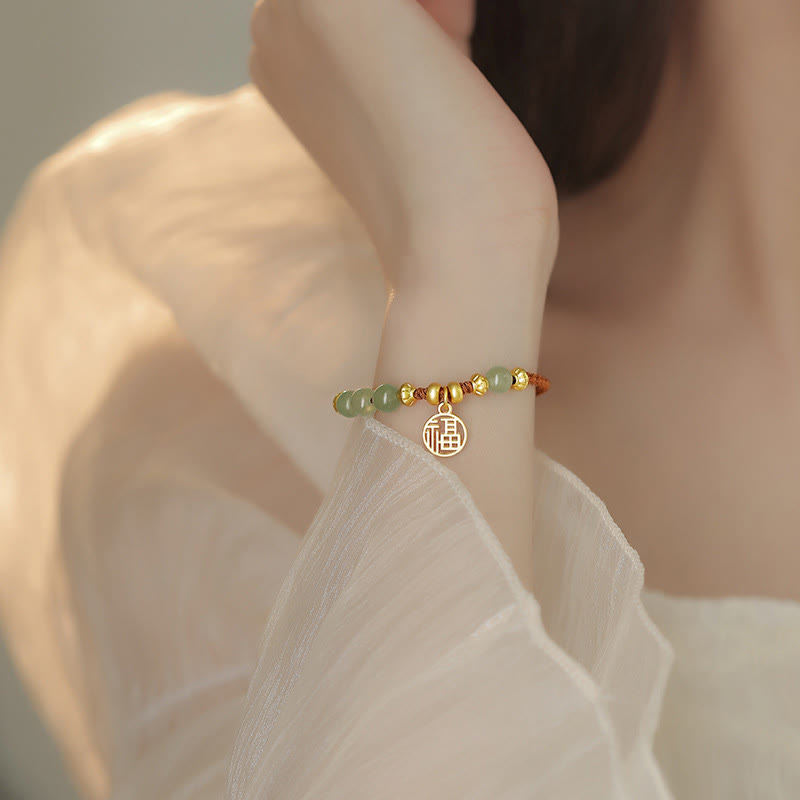 Jade Beads Fu Character Bracelet for Prosperity & Luck