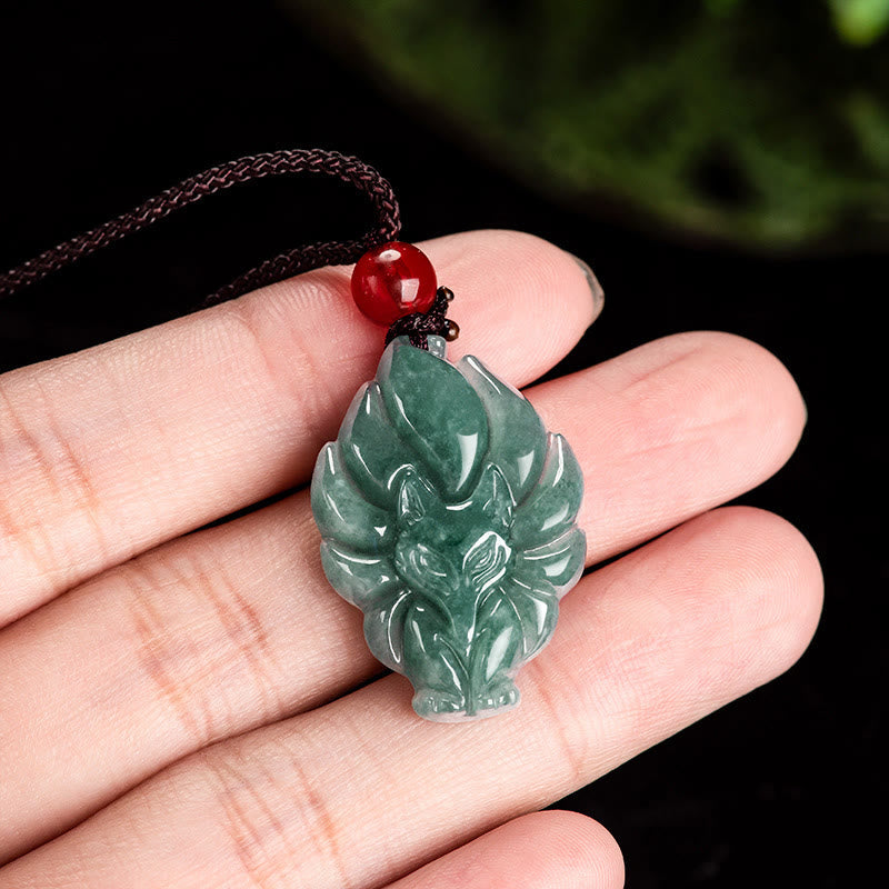Green Jade Nine Tailed Fox Luck Necklace Pendant