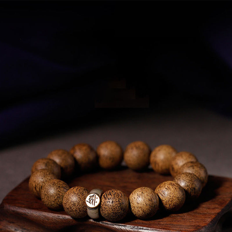 Natural Agarwood Chinese Zodiac Peace Bracelet 12mm Beads