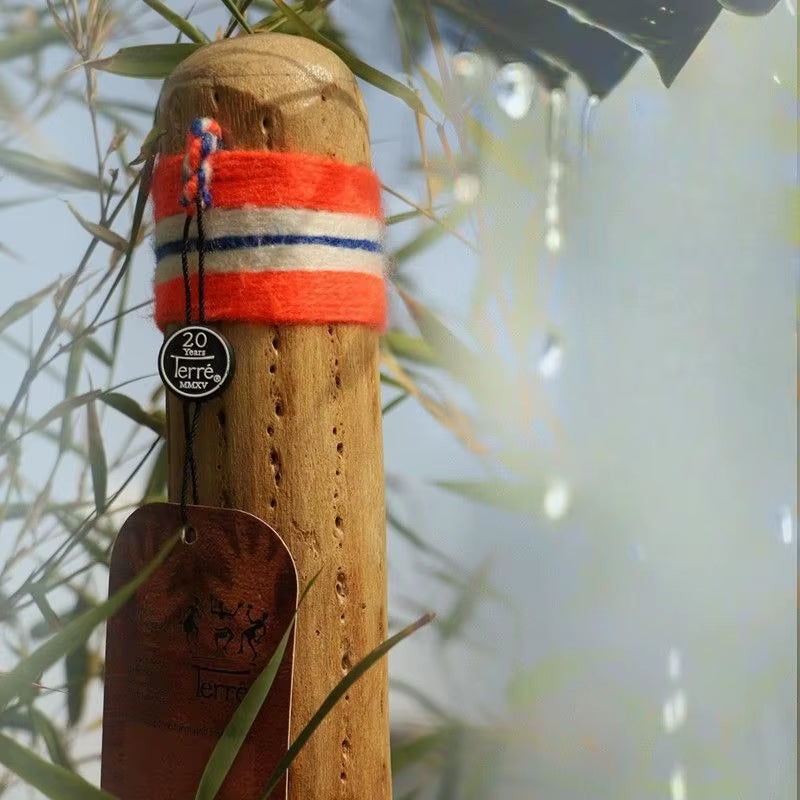 Wooden flute with red and blue stripes, part of Cactus Rainstick Instrument collection