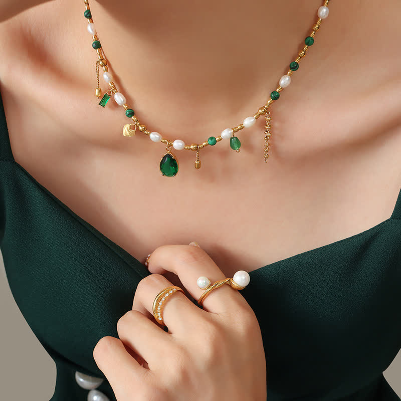 Calm Pearl Necklace Pendant with Zircon & Turquoise 18K Gold