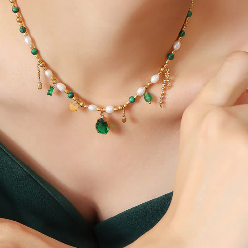 Calm Pearl Necklace Pendant with Zircon & Turquoise 18K Gold