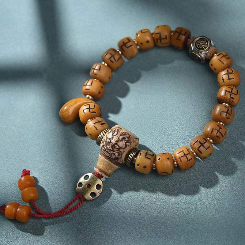 Camel Bone Swastika Dzi Buddha Bracelet for Luck & Protection