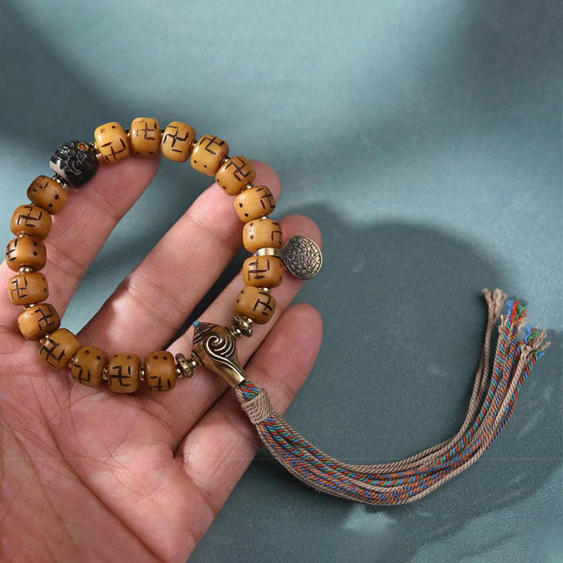 Camel Bone Swastika Dzi Buddha Bracelet for Luck & Protection