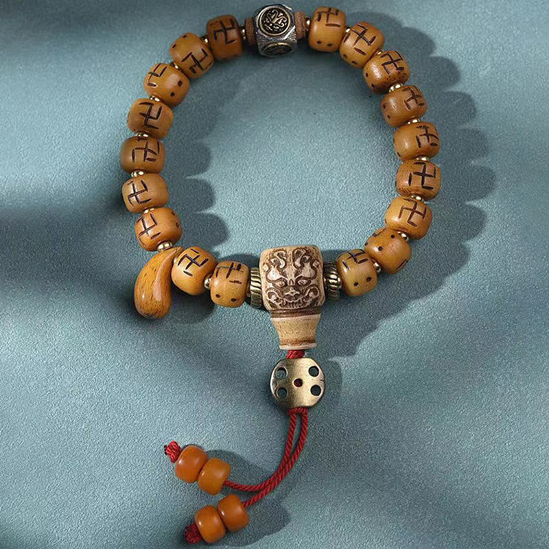 Camel Bone Swastika Dzi Buddha Bracelet for Luck & Protection