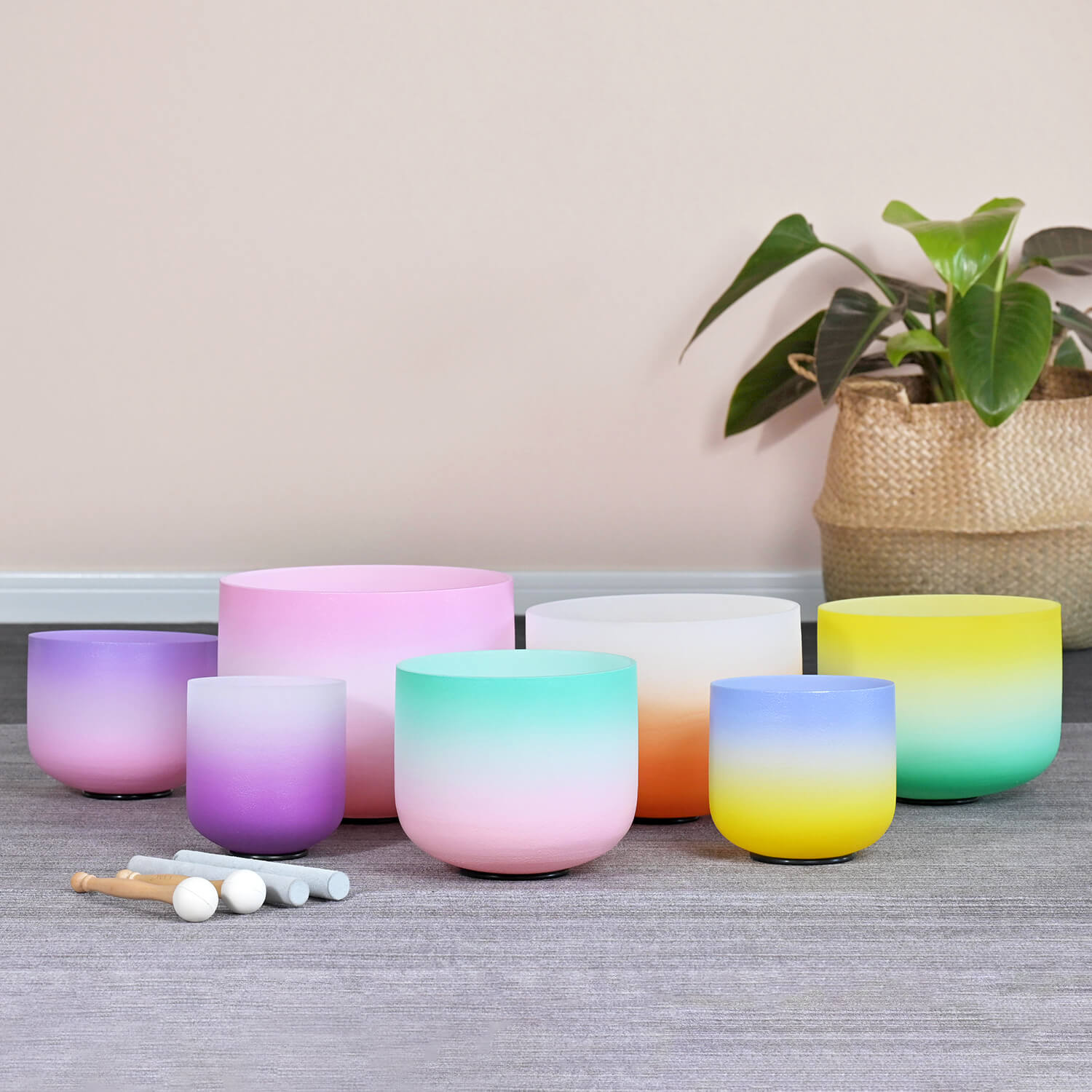 Colorful gradient Crystal Singing Bowls in Candy Colored Frosted Quartz set