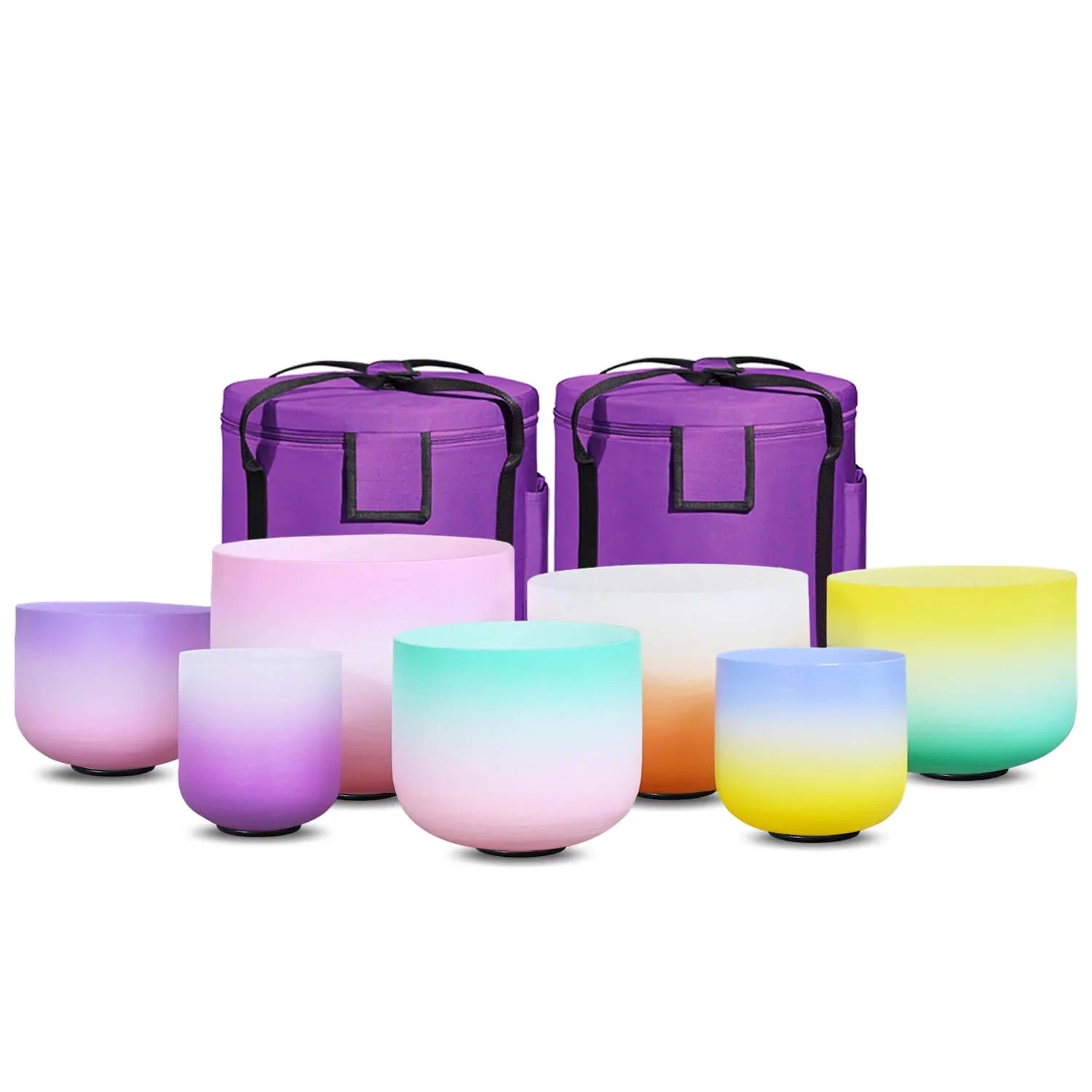 Colorful Candy Colored Frosted Quartz Crystal Singing Bowls with purple cases