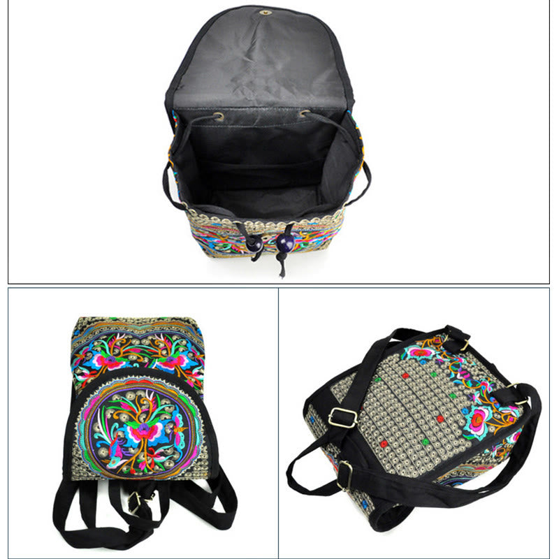 Canvas Backpack with Peony & Chinese Money Tree Embroidery - Prosperity Symbol