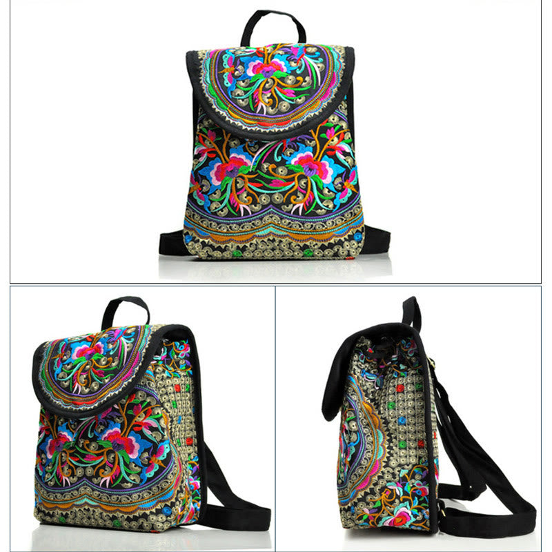 Canvas Backpack with Peony & Chinese Money Tree Embroidery - Prosperity Symbol