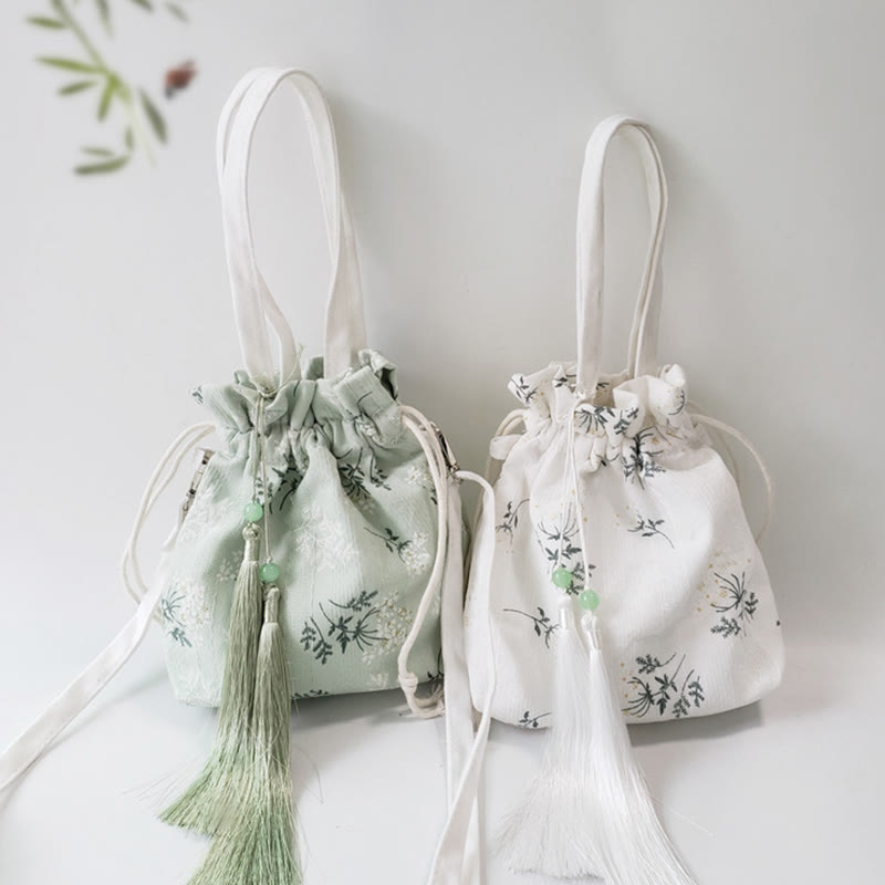 Canvas Tote Bag with White Flowers & Green Leaves 23x29cm