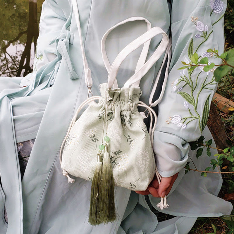 Canvas Tote Bag with White Flowers & Green Leaves 23x29cm