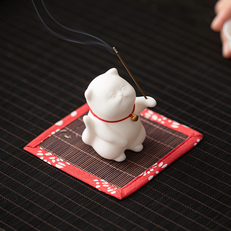 Cat Bell Ceramic Incense Burner with Bamboo Mat for Meditation