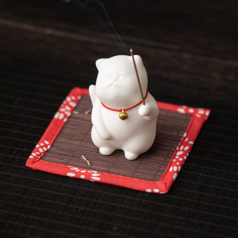 Cat Bell Ceramic Incense Burner with Bamboo Mat for Meditation