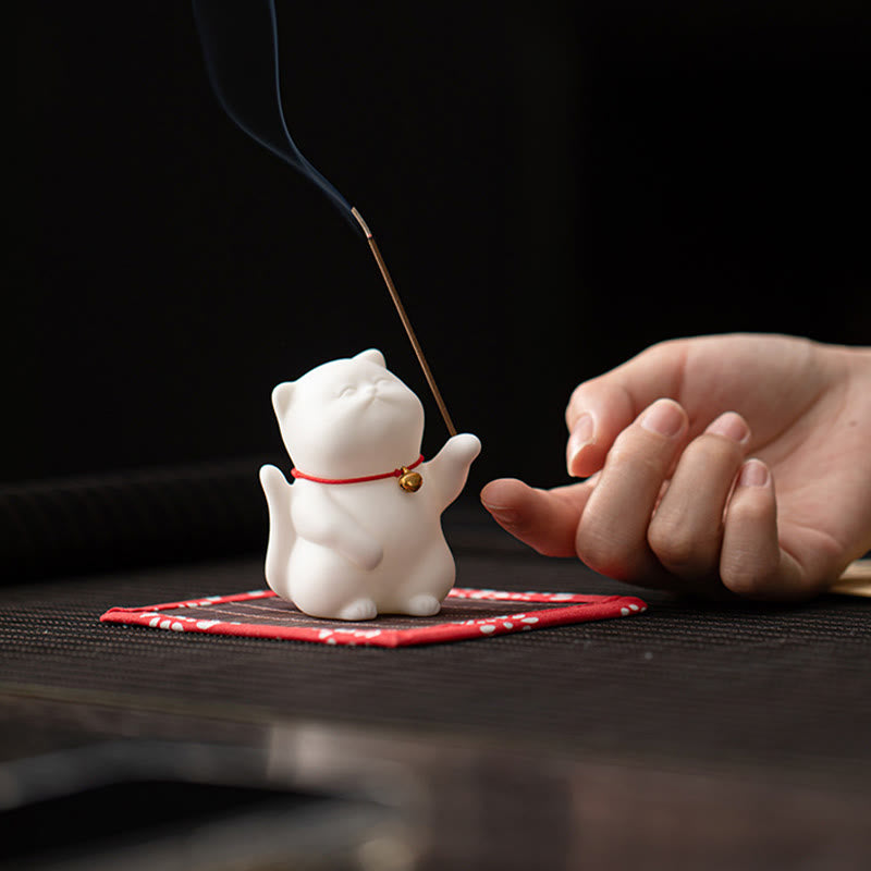 Cat Bell Ceramic Incense Burner with Bamboo Mat for Meditation