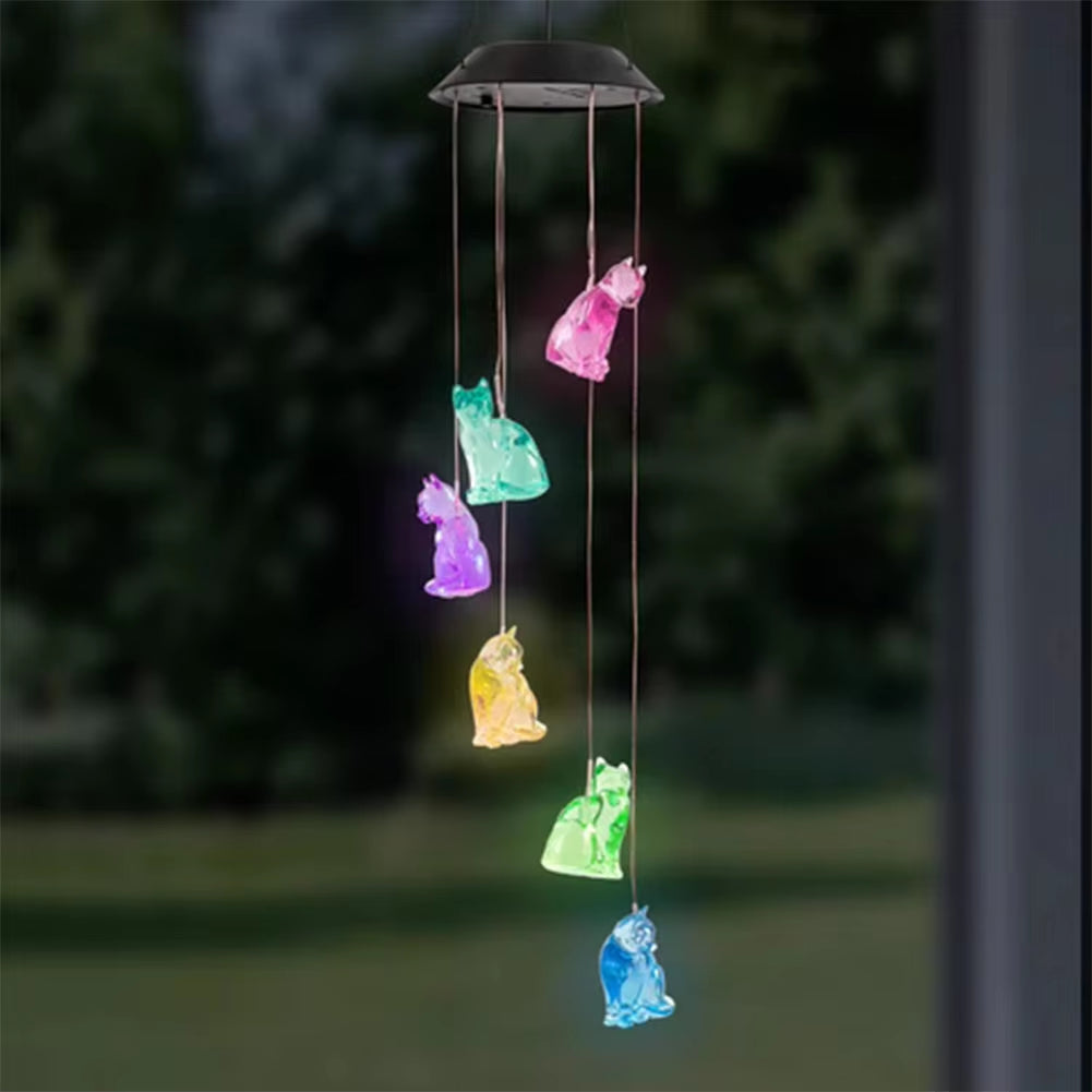Solar-powered Cat Wind Chimes with color-changing LED figures for outdoor garden decor