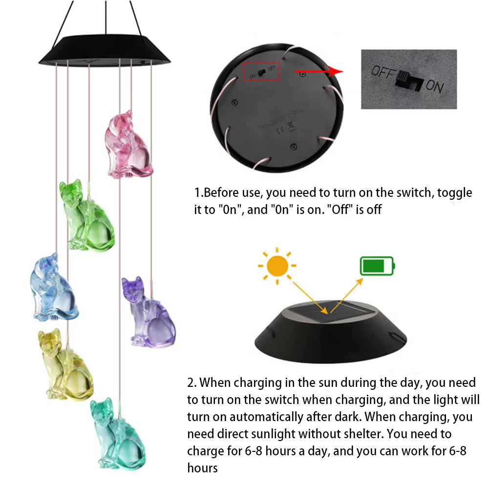 Solar-powered wind chime with colorful cat ornaments for outdoor garden decor