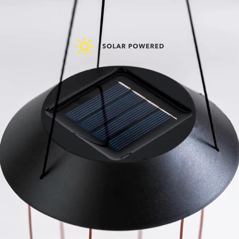 Solar-powered black disc light fixture with chimes for Cat Solar Wind Chimes decor