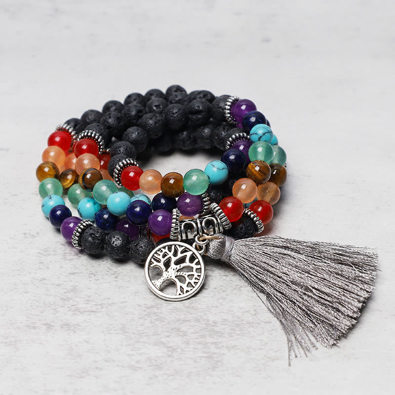 Unisex 108 Bead Mala Necklace with Amethyst & Tiger Eye Healing Beads