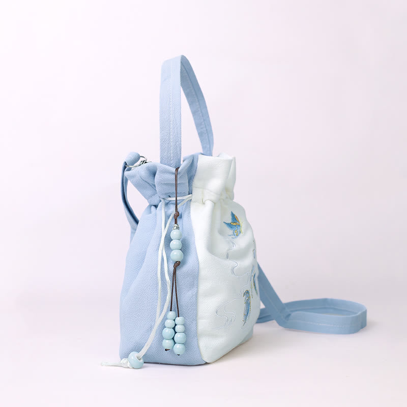 Embroidered Butterfly Lotus Cotton Linen Tote Bag 20cm