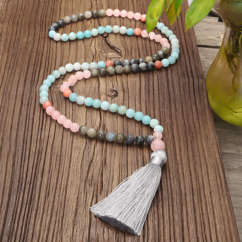 108 Bead Amazonite & Black Glitter Stone Gemstone Mala Bracelet