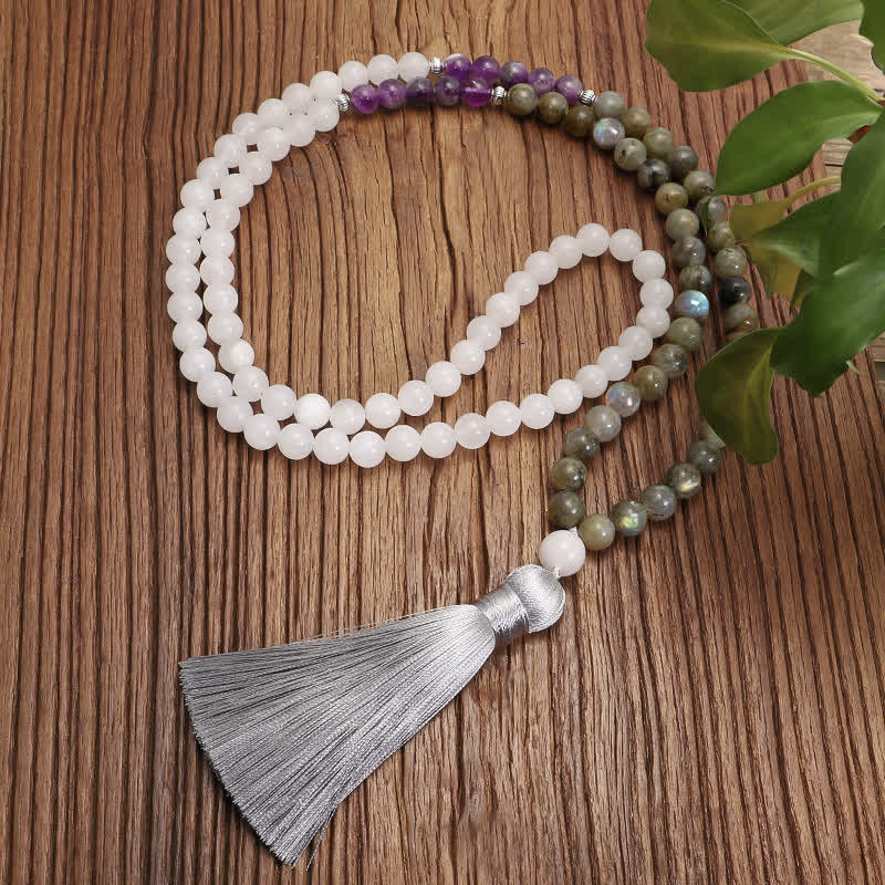 108 Bead Gemstone Mala Bracelet | White Agate Amethyst