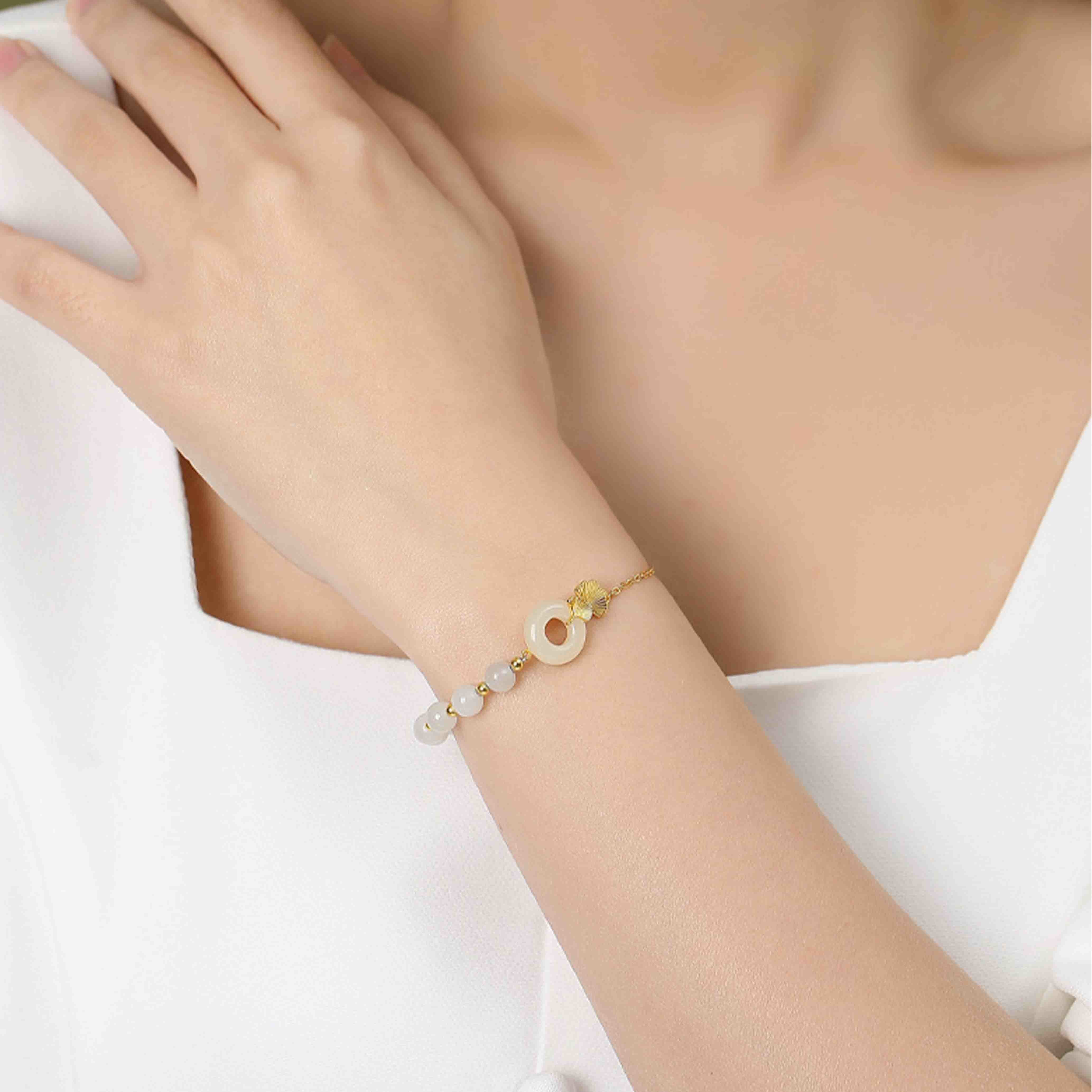 Sterling Silver Hetian White Jade Peace Buckle Luck Bracelet