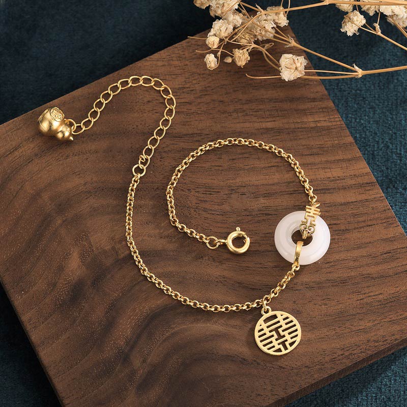 White Jade Double Happiness Fortune Jade Bracelet