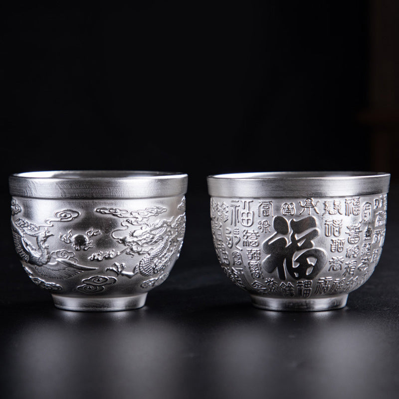 Ceramic Tea Cup with Dragon Phoenix & Fu Character Art - Zen Decor
