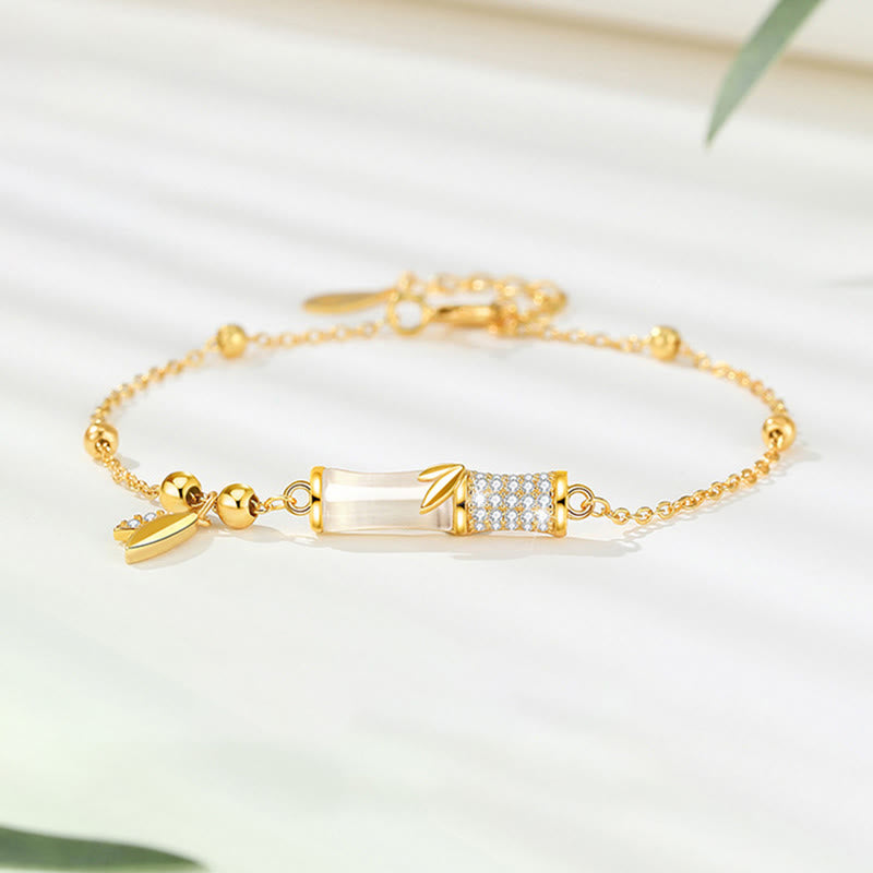 White Jade Protection Bracelet with 18K Gold Plated Silver Bamboo Leaf