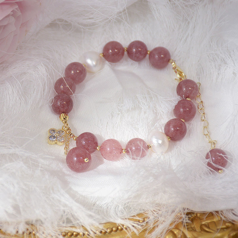 Strawberry Quartz Love Bracelet with Pearl and Four Leaf Clover Charm