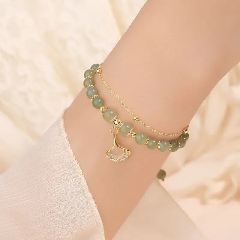 Jade Luck Beaded Bracelet with Leaf, Tulip & Fu Symbol