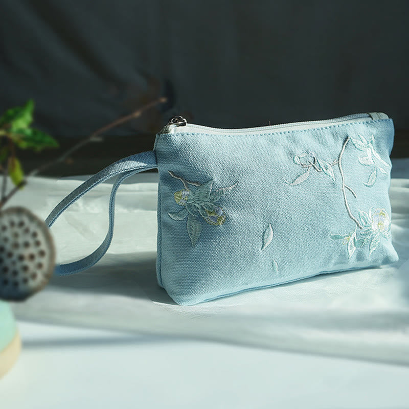 Canvas Wallet with Plum Cherry Crane Embroidery | Compact 21x13cm