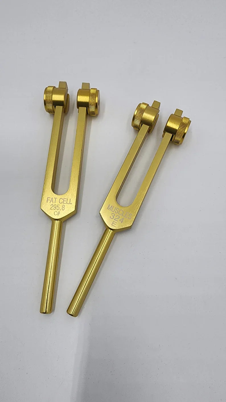 Two brass tuning forks with adjustable resonators for Cellulite Tuning Fork Set