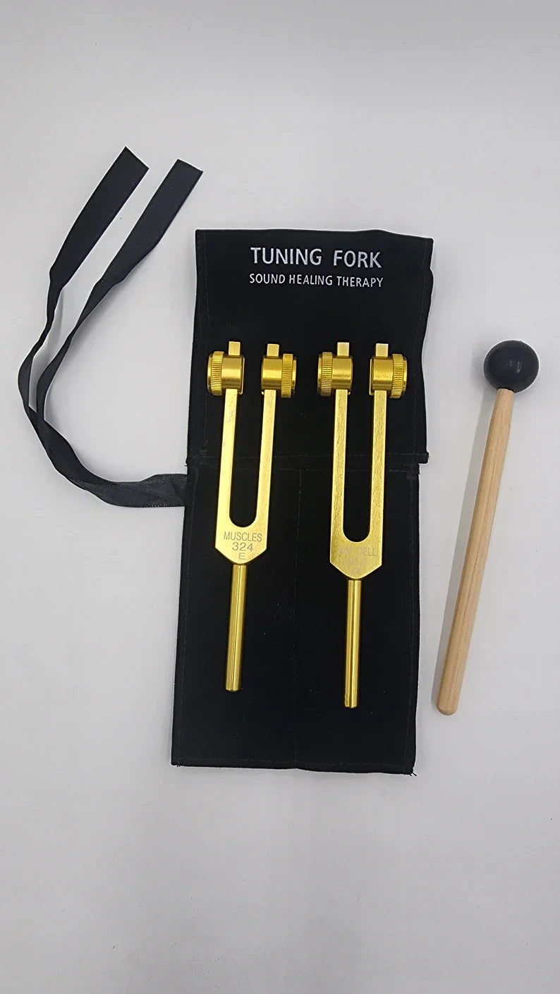 Two golden tuning forks with a mallet and black pouch from Cellulite Tuning Fork Set