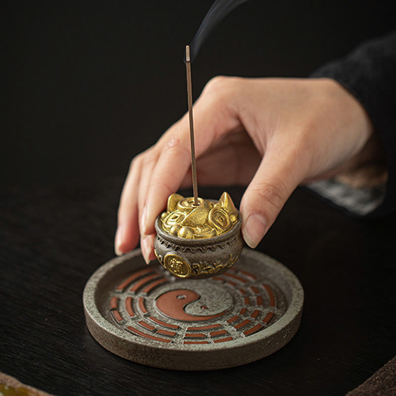 Ceramic Bagua Incense Burner | Treasure Bowl & Lucky Bag Set