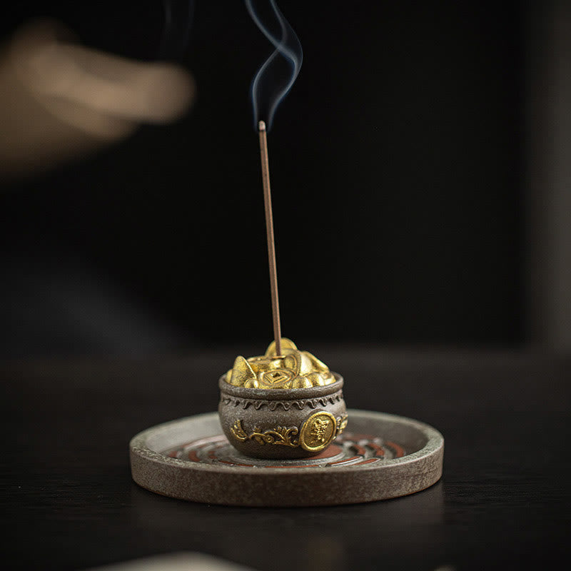 Ceramic Bagua Incense Burner | Treasure Bowl & Lucky Bag Set