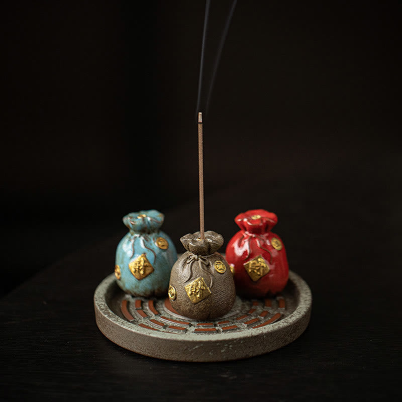 Ceramic Bagua Incense Burner | Treasure Bowl & Lucky Bag Set