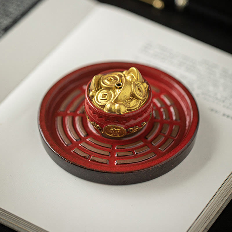 Ceramic Bagua Incense Burner | Treasure Bowl & Lucky Bag Set