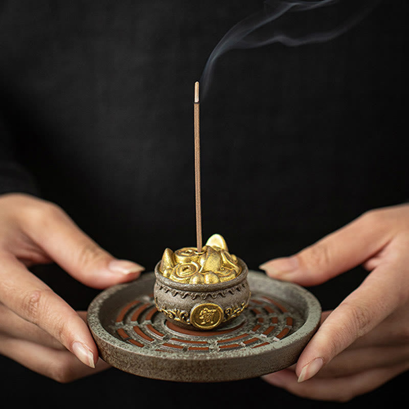 Ceramic Bagua Incense Burner | Treasure Bowl & Lucky Bag Set