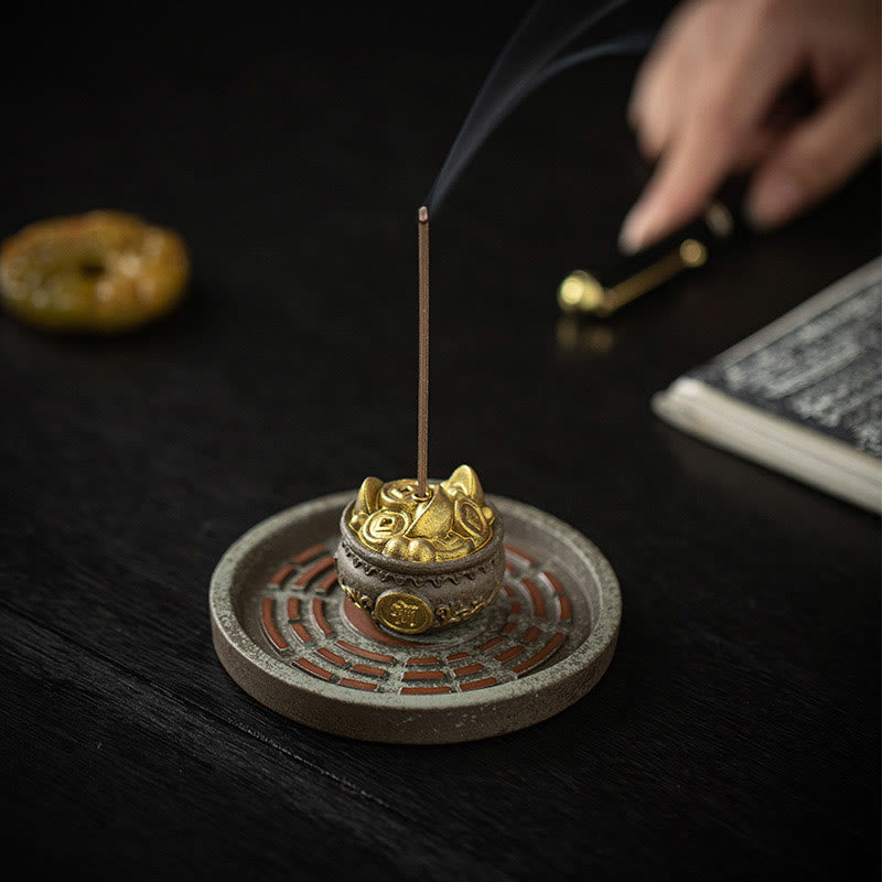 Ceramic Bagua Incense Burner | Treasure Bowl & Lucky Bag Set