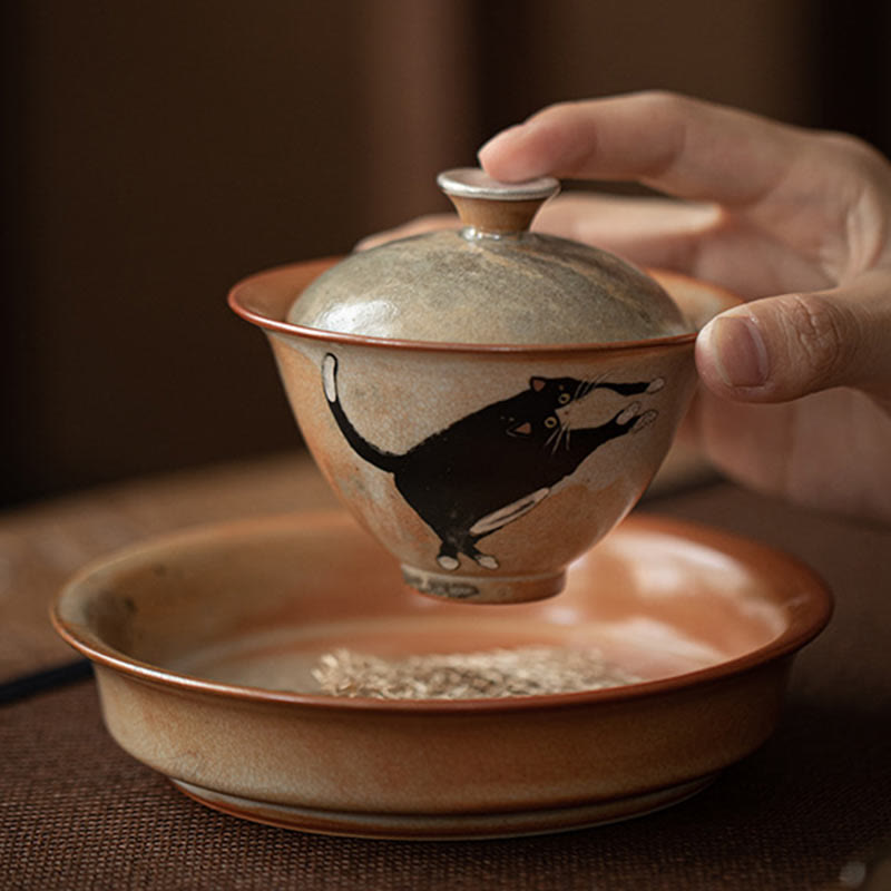 Ceramic Cat Gaiwan Tea Cup with Lid 130ml for Tea Rituals